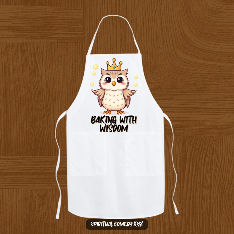 Funny apron featuring a crowned owl juggling glowing orbs of light, perfect for chefs who love magic and humor.