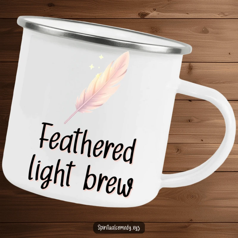 Funny camping mug with a single, elegantly drawn feather descending gently through soft diffused light, perfect for humorous outdoor enjoyment.