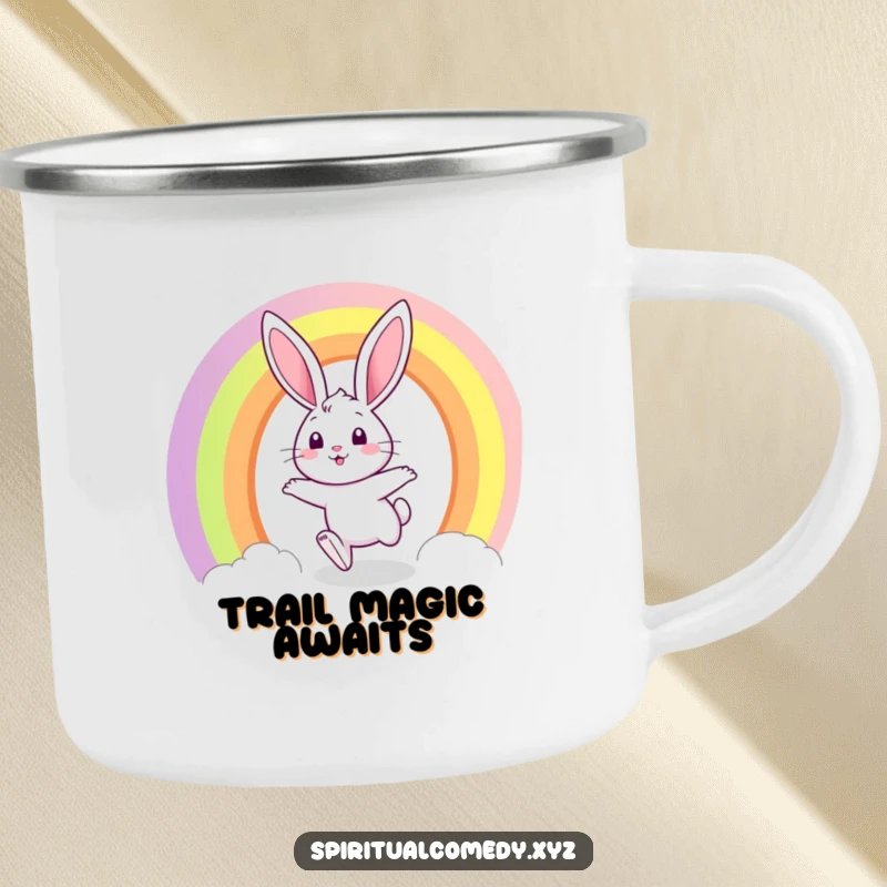 Funny camping mug featuring a bunny hopping through a rainbow portal with a joyful expression, ideal for whimsical outdoor trips.