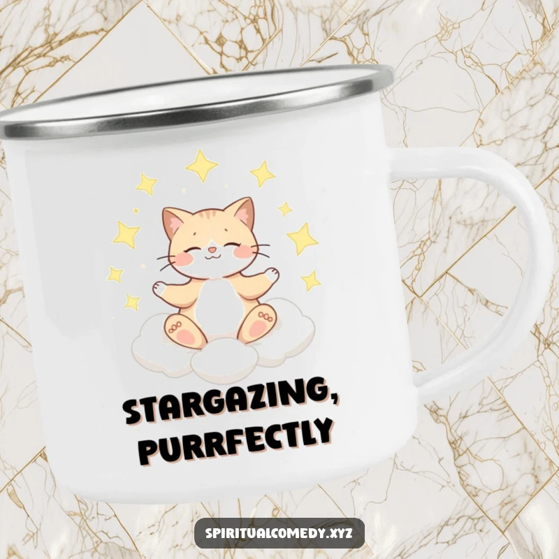 Funny camping mug featuring a cat meditating on a cloud surrounded by shimmering stars, ideal for peaceful outdoor moments.