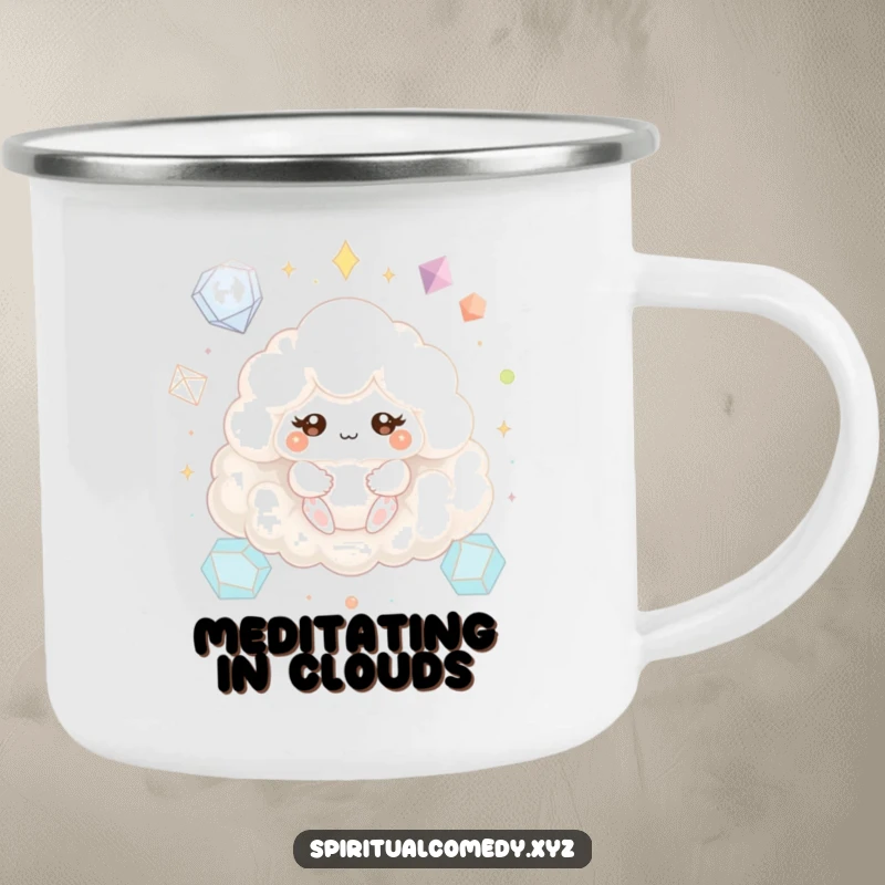 Funny camping mug with a fluffy cloud creature meditating peacefully with sparkling eyes amidst geometric shapes, perfect for humorous outdoor enjoyment.
