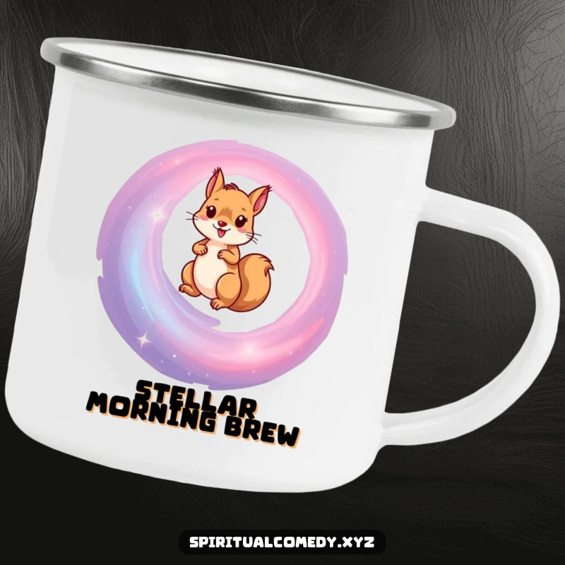 Funny camping mug depicting a determined squirrel climbing a vibrant spiral galaxy, ideal for outdoor humor and adventure fuel.