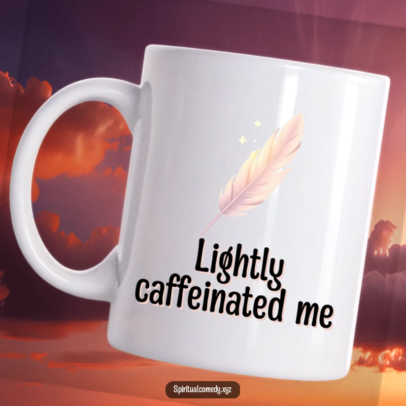 Funny mug featuring a single, elegantly drawn feather descending gently through soft diffused light, a graceful gift.