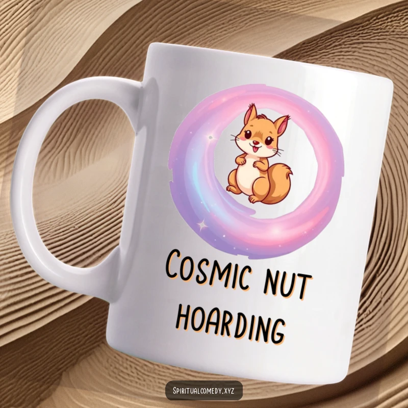Funny mug showing a tiny, determined squirrel climbing a vibrant spiral galaxy, reaching for the stars with a comical space adventure.