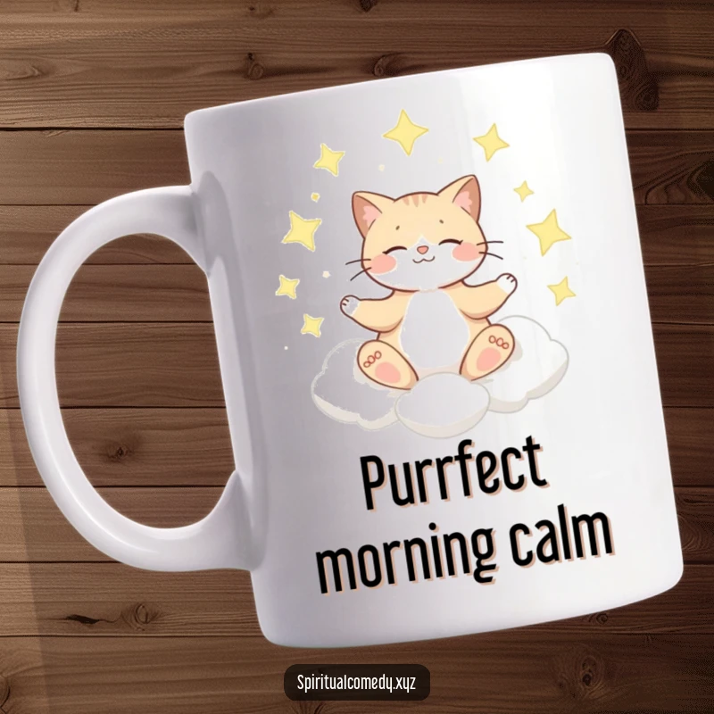 Funny mug featuring a playful cat meditating serenely on a cloud, surrounded by shimmering stars in a cosmic scene.