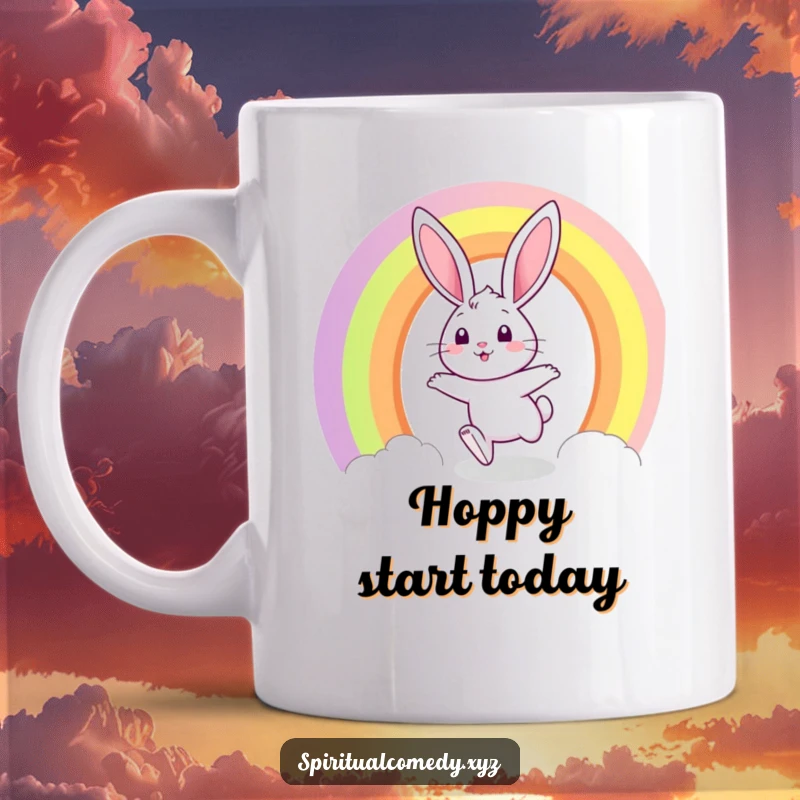 Funny mug featuring a curious bunny hopping joyfully through a vibrant rainbow portal with an ecstatic expression.