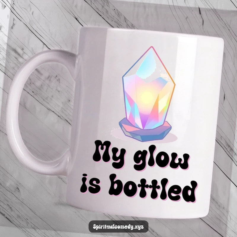 Funny mug featuring a stylized, luminous crystal radiating soft colored light in a tranquil space, a humorous gift for crystal enthusiasts.