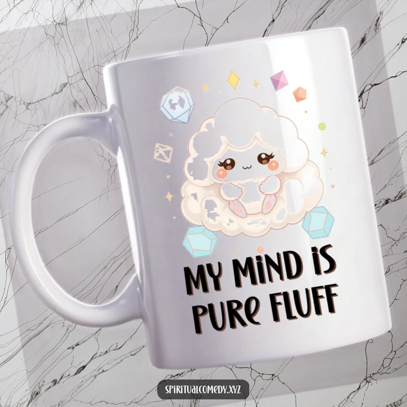 Funny mug featuring a fluffy cloud creature meditating peacefully with sparkling eyes among colorful geometric shapes, perfect for a zen gift.