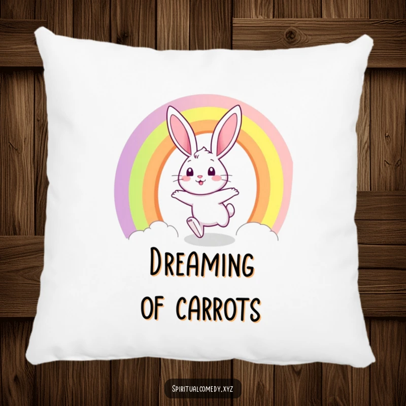 Funny pillow with a bunny hopping through a rainbow portal with a joyful expression, adding whimsical comfort and humor.