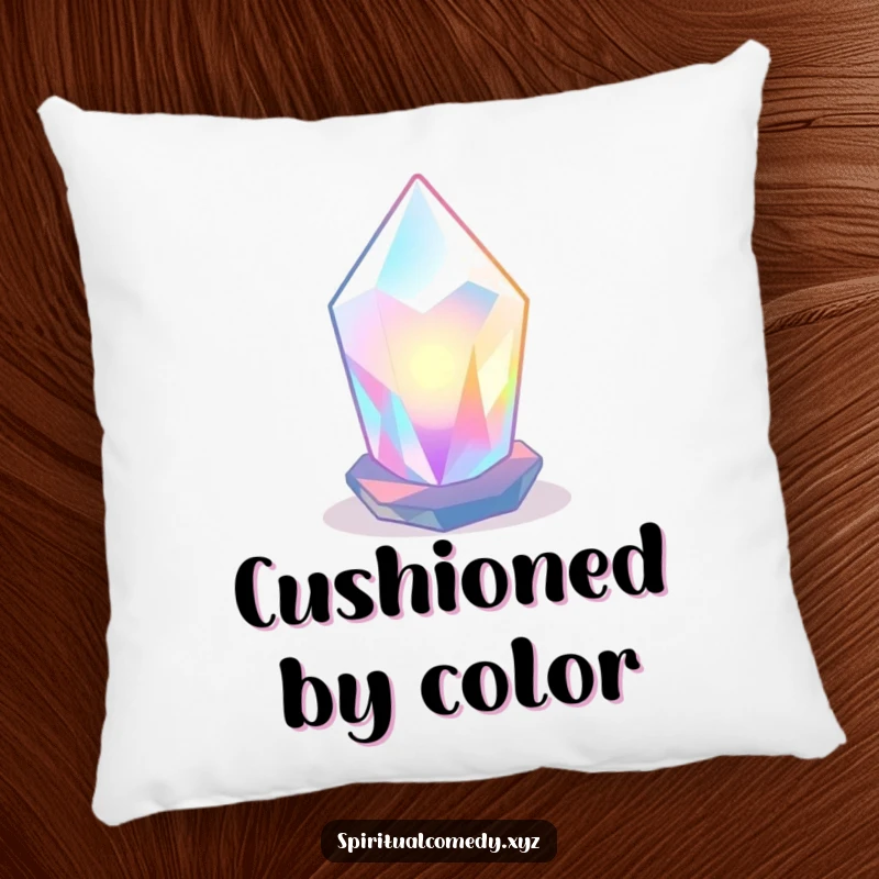 Funny pillow featuring a stylized, luminous crystal radiating soft colored light in a tranquil space, offering cozy zen humor.
