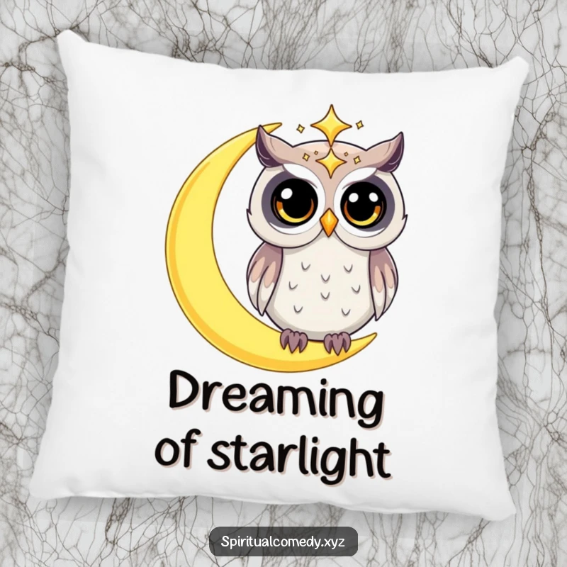 Funny pillow featuring a starry celestial owl with wide, curious eyes perched on a crescent moon, offering cozy celestial humor.