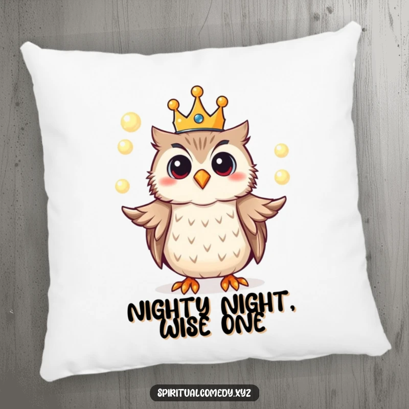 Funny pillow with a crowned owl juggling glowing orbs of light, adding regal comfort and enchanting humor.