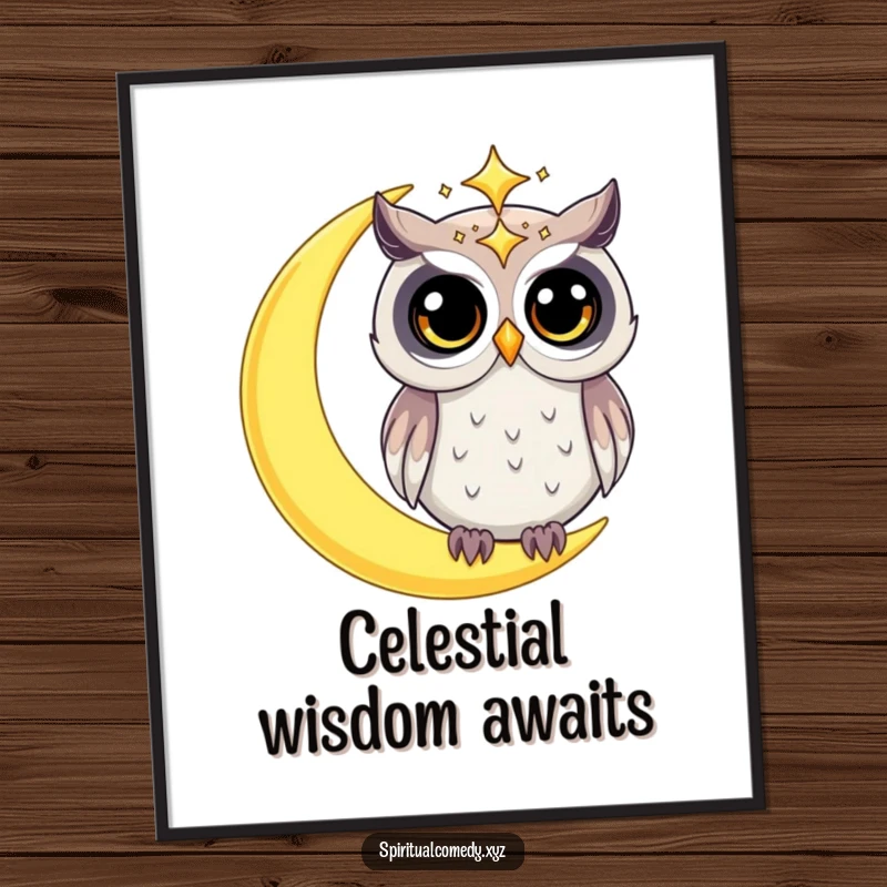 Funny digital art print of a starry celestial owl with wide, curious eyes on a crescent moon, humorous cosmic wall decor.