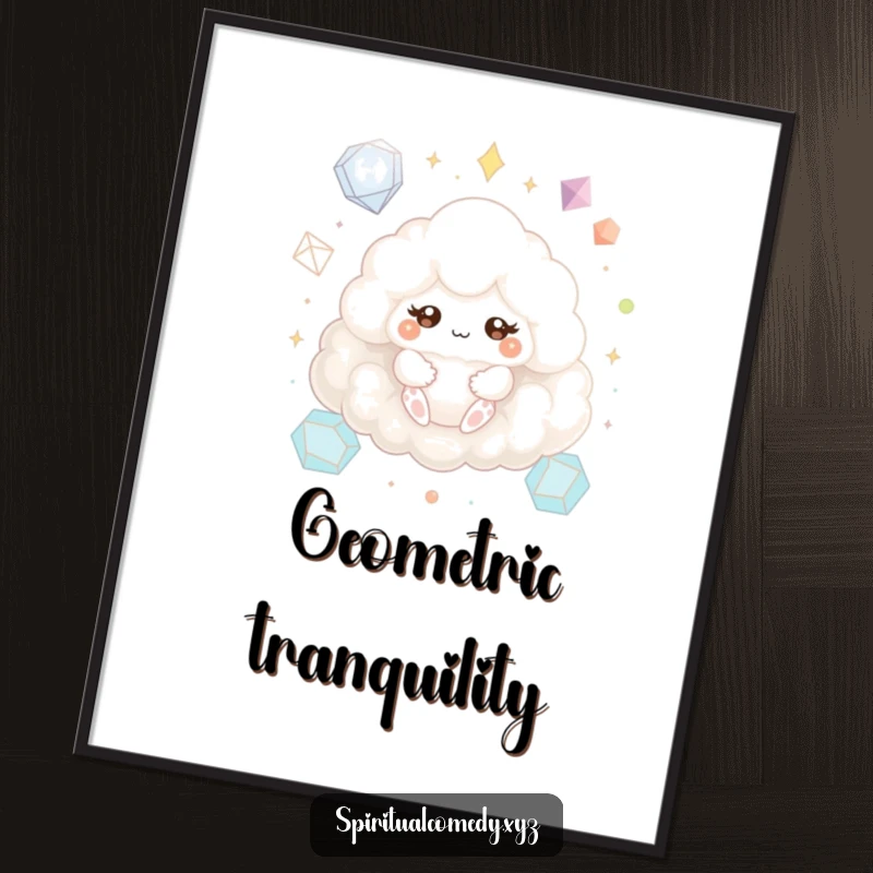 Funny digital art print of a fluffy cloud creature meditating serenely with sparkling eyes amidst geometric shapes, humorous zen wall decor.