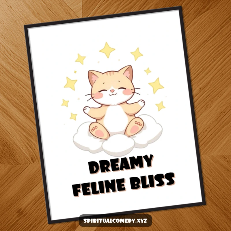 Funny digital art print of a cat meditating serenely on a cloud surrounded by shimmering stars, ready to be framed.