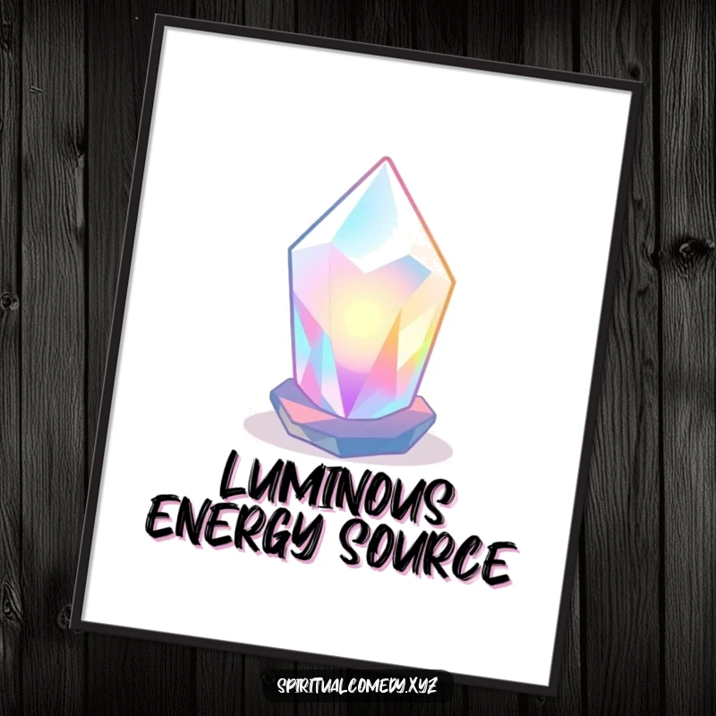 Funny digital art print of a stylized, luminous crystal radiating soft colored light in a tranquil space, humorous zen wall decor.