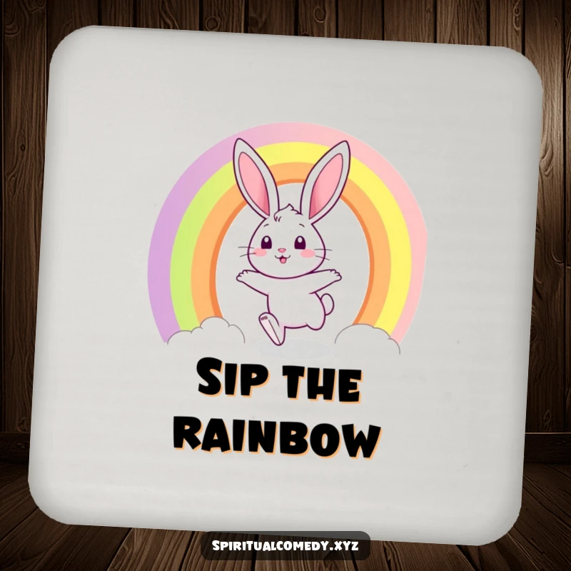 Funny drink coaster with a bunny hopping through a rainbow portal with a joyful expression, protecting surfaces whimsically.