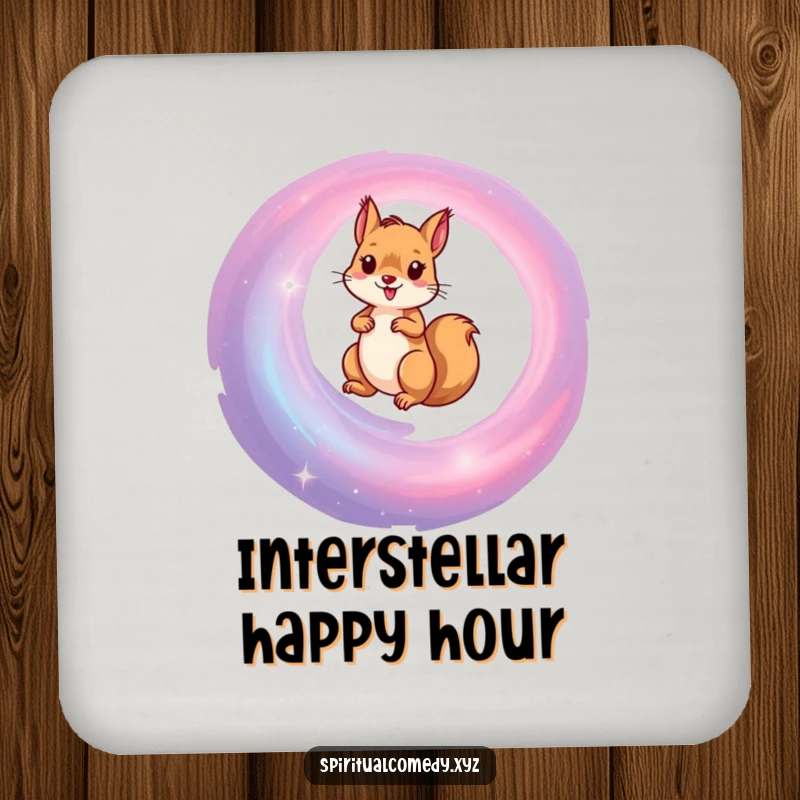 Funny drink coaster featuring a determined squirrel ascending a spiral galaxy, a humorous and protective addition to any table.