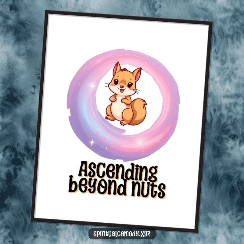 Funny poster art of a tenacious squirrel climbing a majestic spiral galaxy, a humorous and inspiring depiction of cosmic exploration.