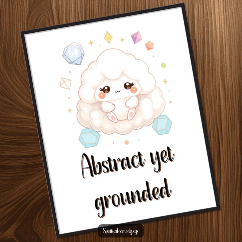 Funny poster depicting a fluffy cloud creature meditating serenely with sparkling eyes among geometric shapes, bringing humorous zen to wall decor.