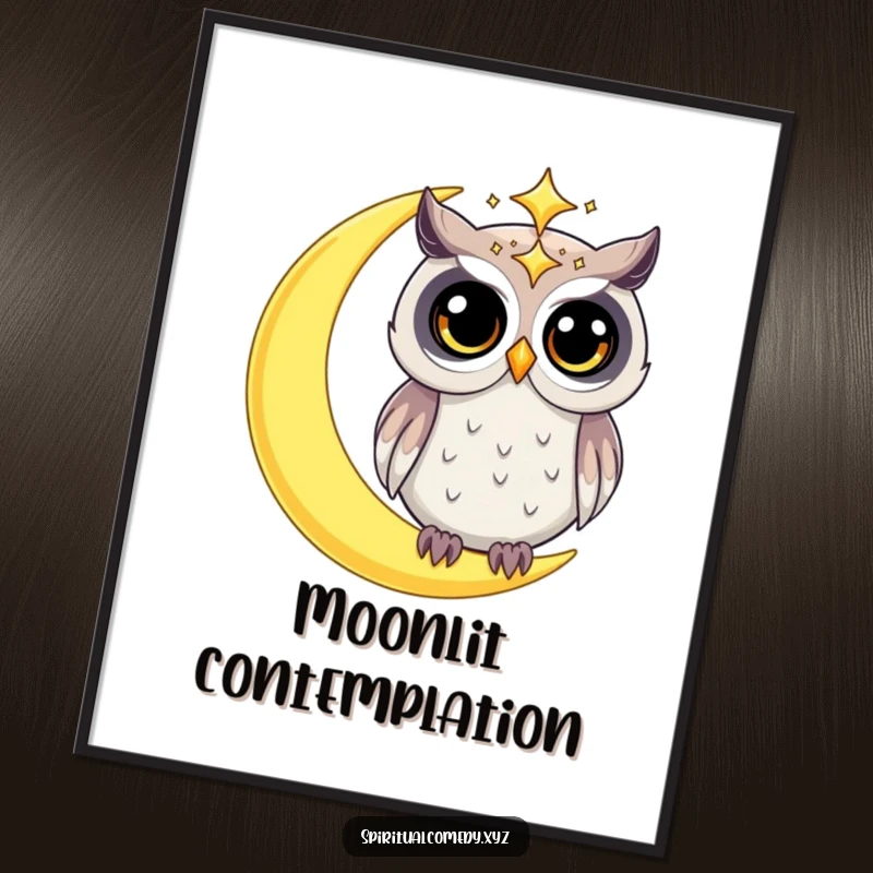 Funny poster of a starry celestial owl with wide, curious eyes on a crescent moon, bringing humorous cosmic wonder to wall decor.