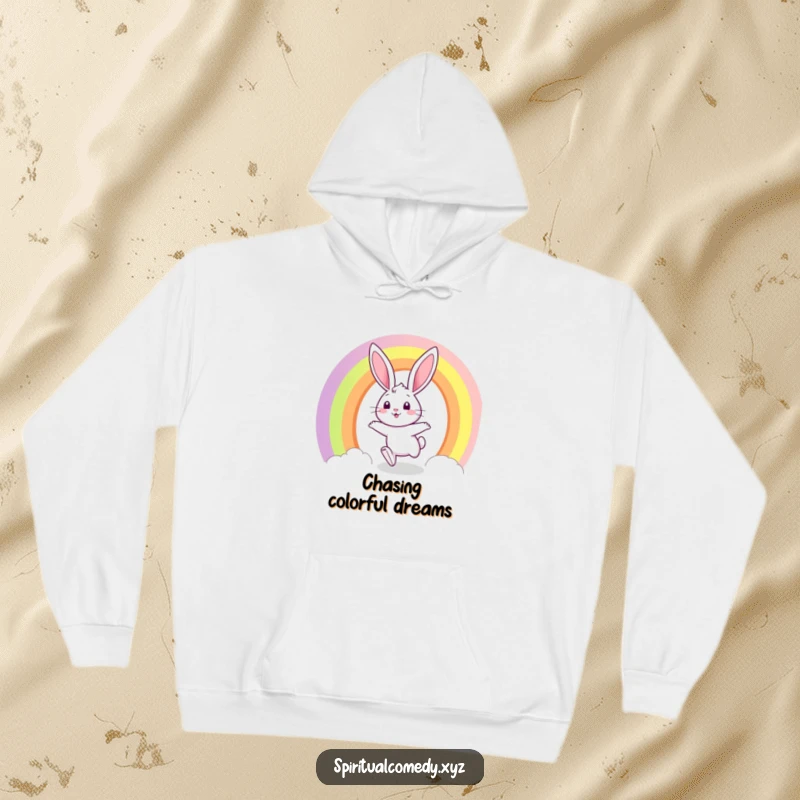 Funny hoodie featuring a bunny hopping through a rainbow portal with a joyful expression, offering warmth and whimsical adventure.