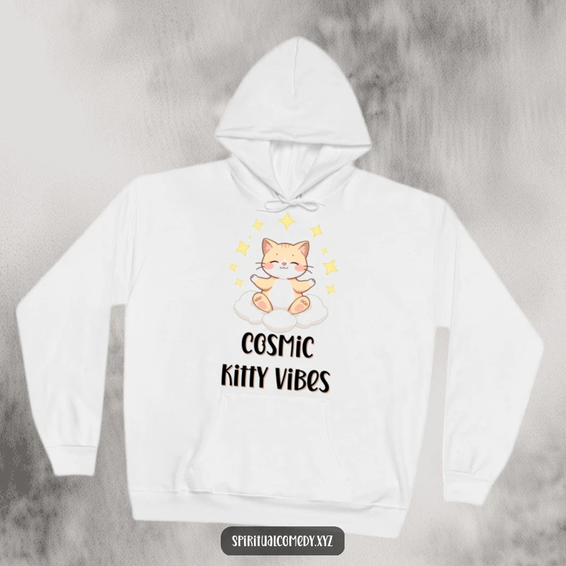 Funny hoodie featuring a cat meditating on a cloud surrounded by shimmering stars, offering serene comfort and humor.