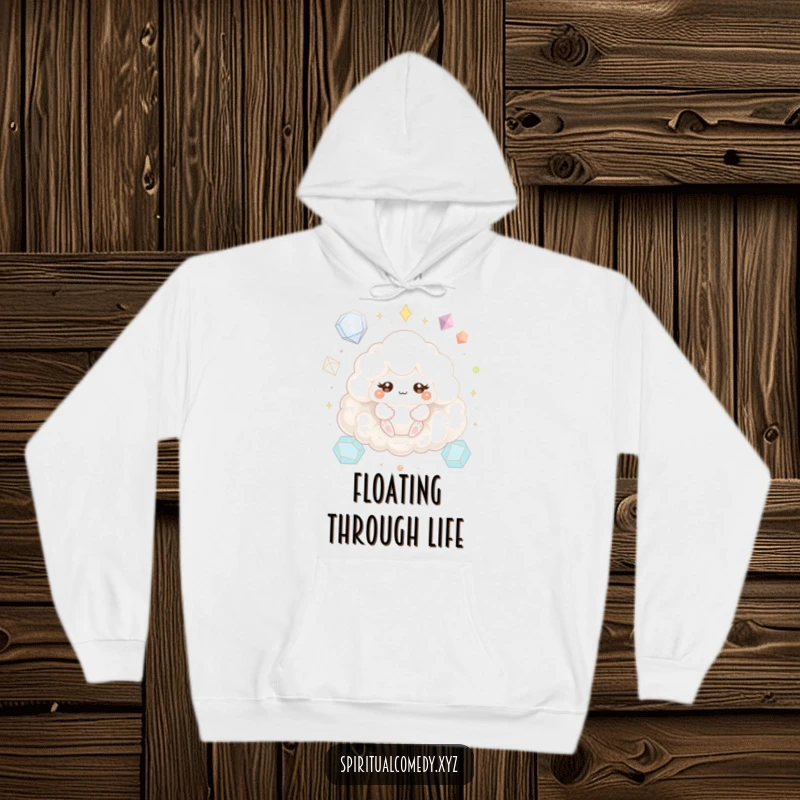 Funny hoodie showcasing a fluffy cloud creature meditating with sparkling eyes amidst geometric shapes, ideal for cozy, humorous relaxation.