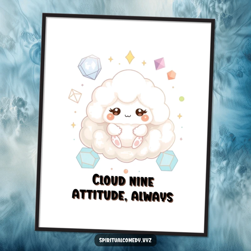 Funny Free Printable Wall Art: Fluffy cloud creature meditating serenely amongst floating geometric shapes, sparkling eyes, downloadable decor.