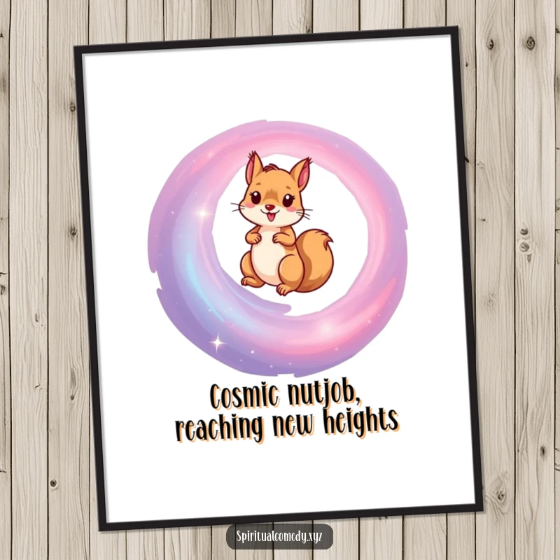 Funny Free Printable Wall Art: Determined squirrel ascending a spiral galaxy with tiny paws, hilarious cosmic humor for decor.
