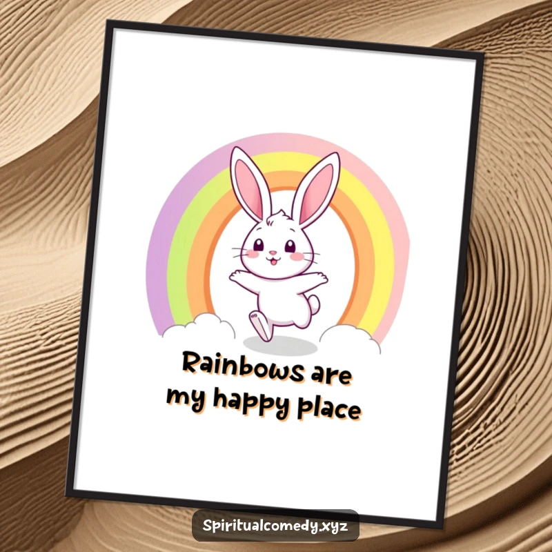 Funny free printable wall art of a curious bunny hopping through a rainbow portal, creating a sense of wonder.