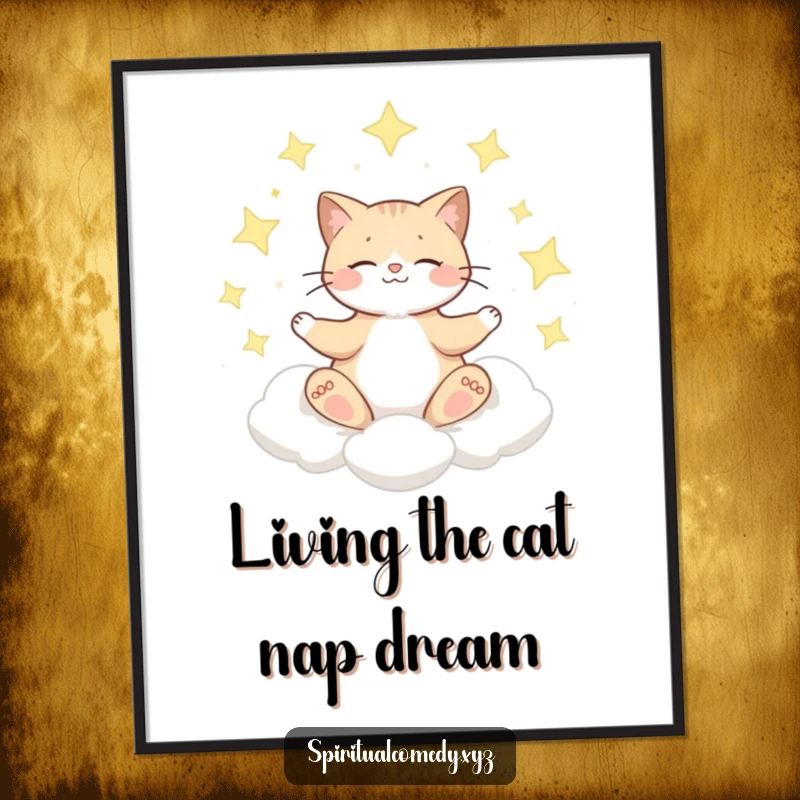 Funny free printable wall art of a cat meditating on a cloud under a starry sky, promoting serenity.