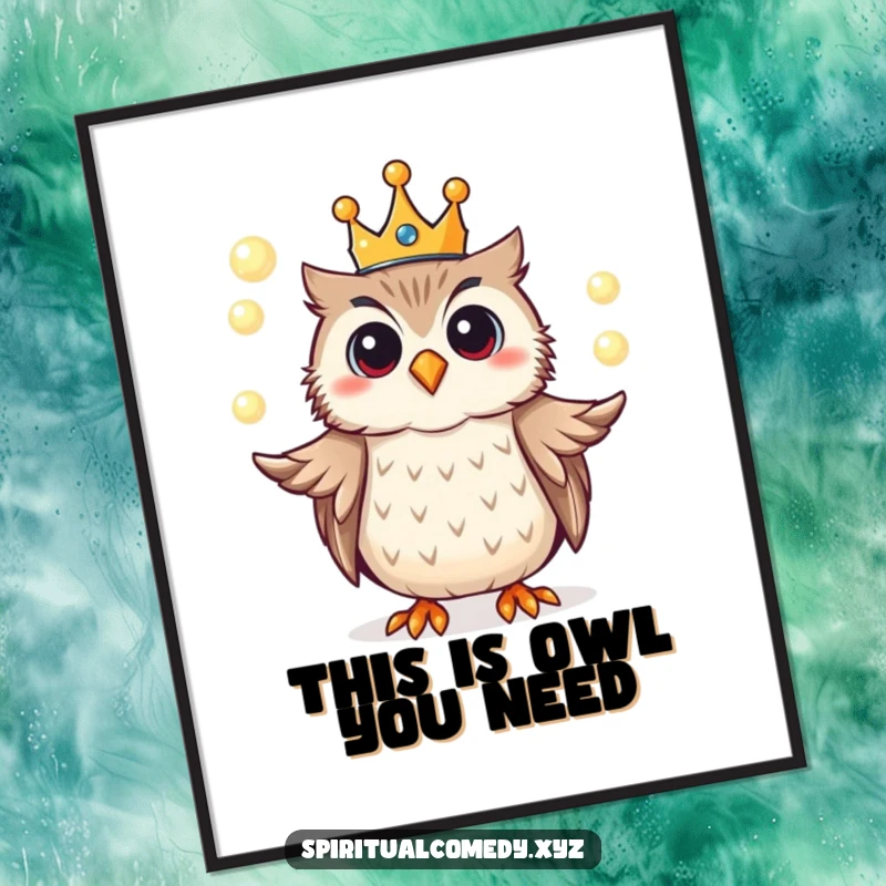 Funny free printable wall art of a crowned owl juggling glowing orbs, creating a magical and whimsical atmosphere.