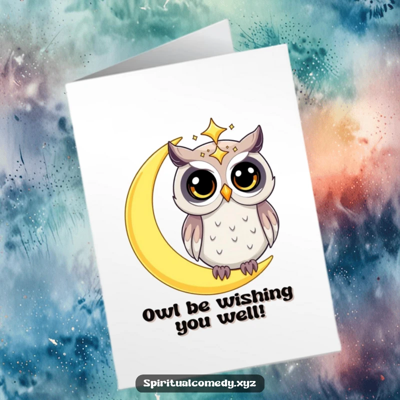 Free Printable Birthday Card: Starry celestial owl with wide, curious eyes perched on a glowing crescent moon, wishing happy birthday.