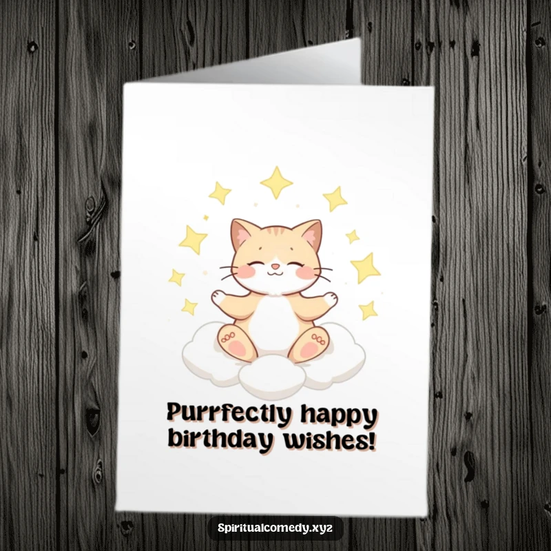 Funny free printable birthday card featuring a serene cat meditating on a cloud amidst shimmering stars.