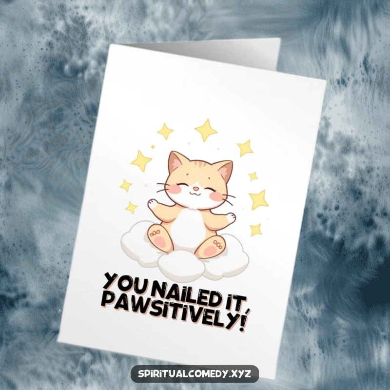 Funny free printable congratulations card showing a cat meditating peacefully on a cloud under starry skies.