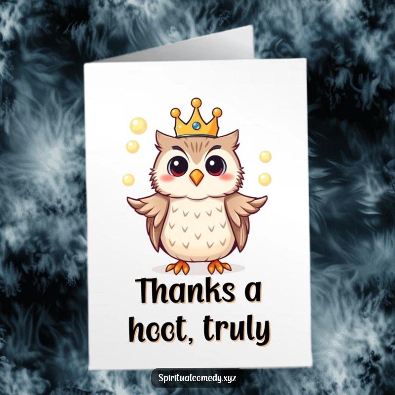 Funny free printable thank you card featuring a crowned owl expertly juggling glowing orbs of light.