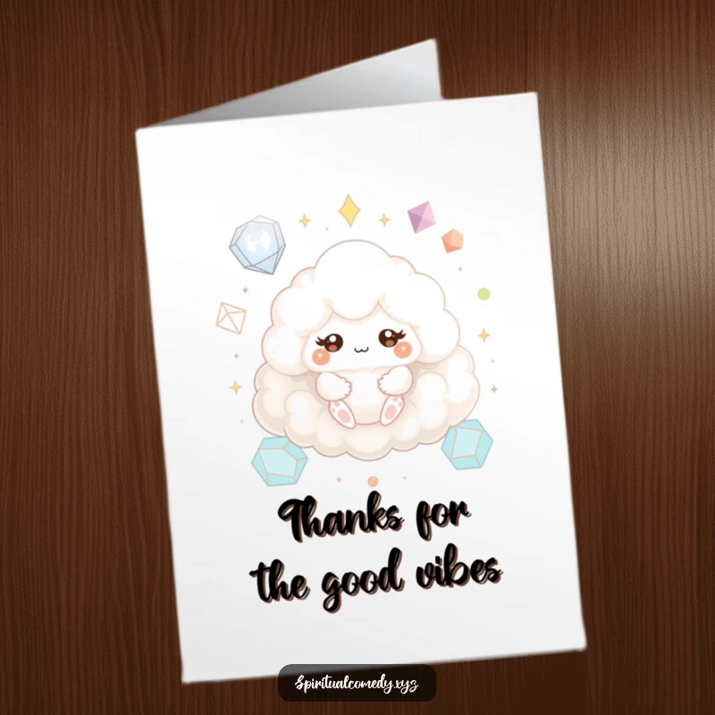 Funny Free Printable Thank You Card: Meditating cloud creature with sparkling eyes, sending thanks with a humorous, serene vibe.