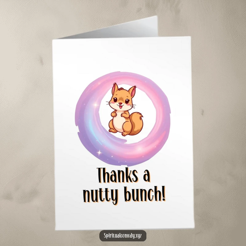 Funny Free Printable Thank You Card: Squirrel climbing a galaxy, expressing monumental thanks, great for printable greeting cards.