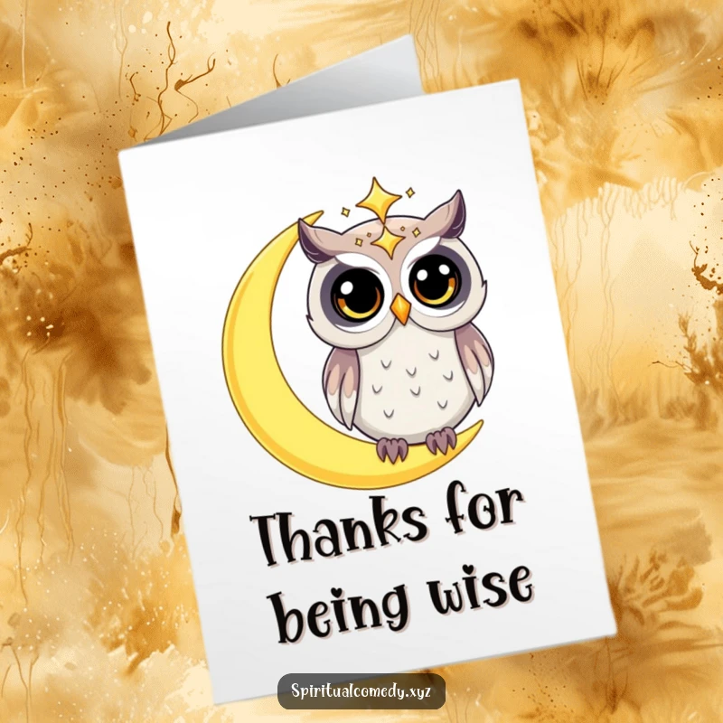 Free Printable Thank You Card: Curious celestial owl perched on a crescent moon, conveying thanks with starry eyes and gentle light.