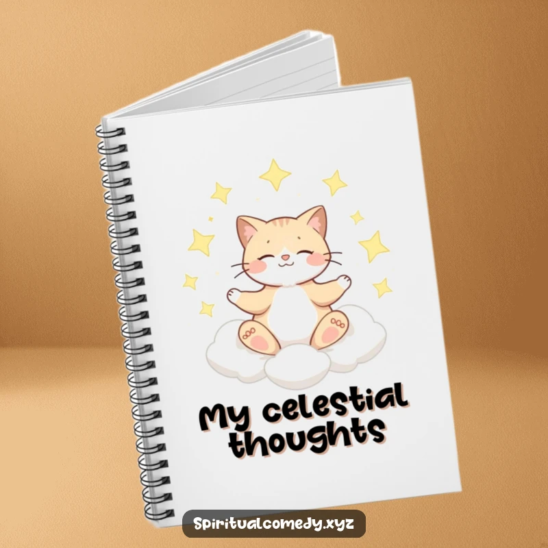 Funny notebook cover with a cat meditating serenely on a cloud surrounded by shimmering stars.