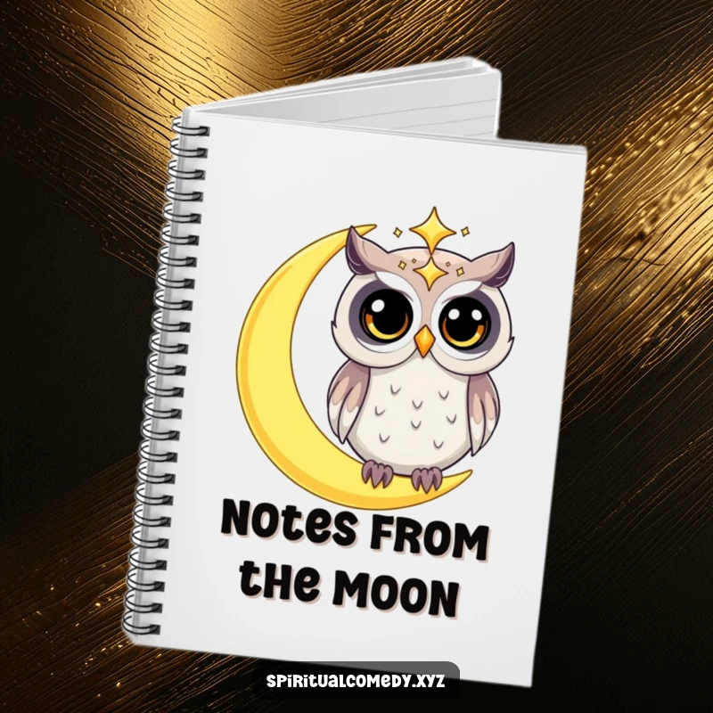 Funny notebook with a starry celestial owl with wide, curious eyes on a crescent moon, great for humorous celestial journaling.