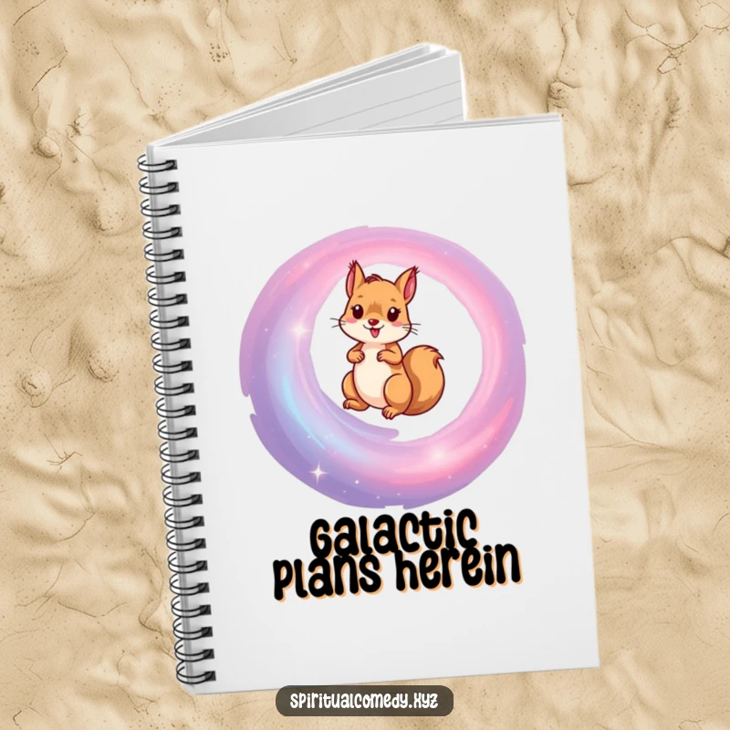 Funny notebook cover with a determined squirrel ascending a colorful spiral galaxy, inspiring creativity and humor for note-taking.