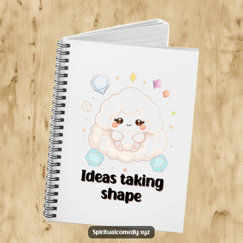 Funny notebook with a fluffy cloud creature meditating peacefully with sparkling eyes among geometric shapes, great for humorous journaling.