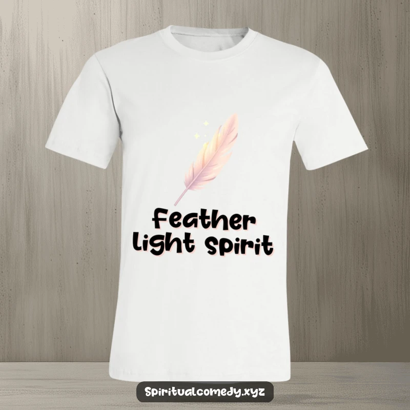 Funny t-shirt showing a single, elegantly drawn feather descending gently through soft diffused light, elegant humor apparel.