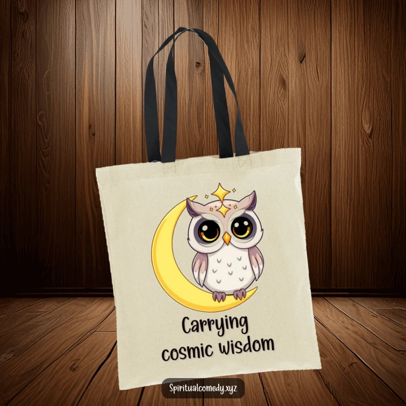 Funny tote bag with a starry celestial owl with wide, curious eyes on a crescent moon, a humorous and magical carry-all.