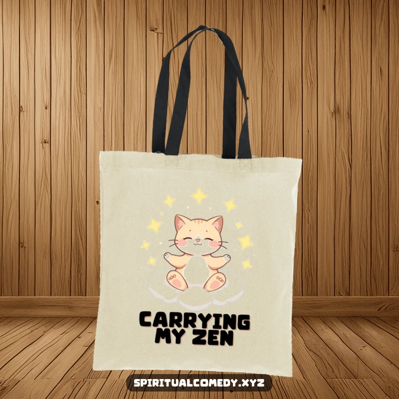 Funny tote bag showcasing a cat meditating peacefully on a cloud surrounded by shimmering stars, ideal for daily use.