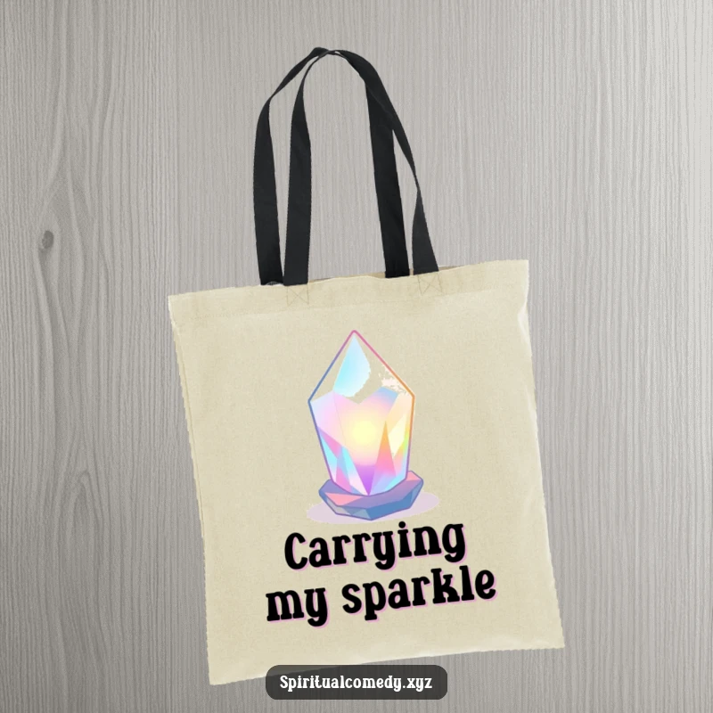 Funny tote bag with a stylized, luminous crystal radiating soft colored light in a tranquil space, a humorous zen accessory.