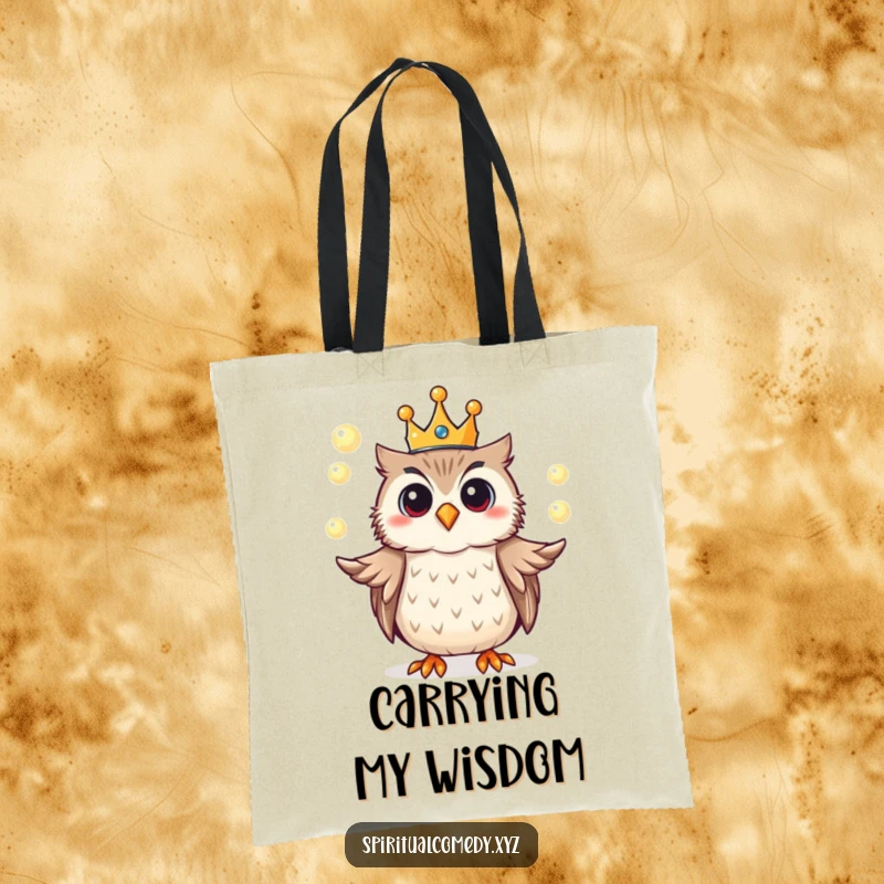 Funny tote bag showcasing a crowned owl juggling glowing orbs of light, perfect for carrying essentials with magical style.